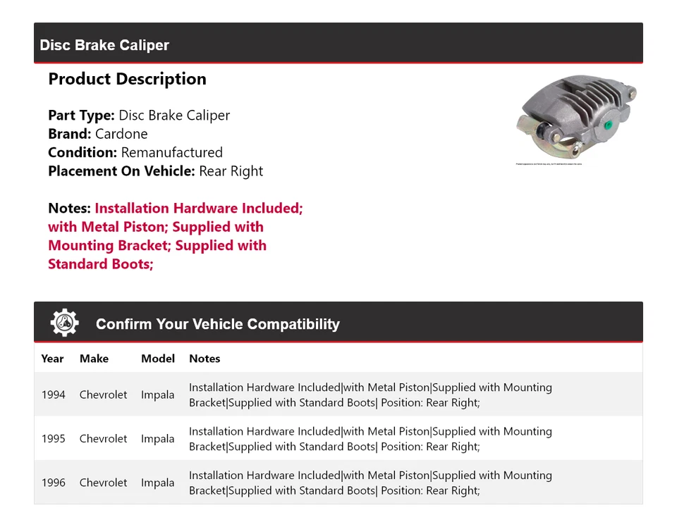 For 1994-1996 Chevrolet Impala Disc Brake Caliper Rear Right Cardone 1995 - Image 2 of 4