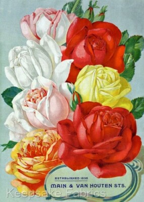 Fabric Block Vintage Roses Seed Catalog Multi Szs FrEE Shipping (105A