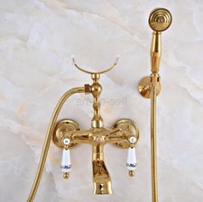 Gold Brass Wall Mount Clawfoot Bathroom Tub Faucet Hand Shower Mixer Tap Set