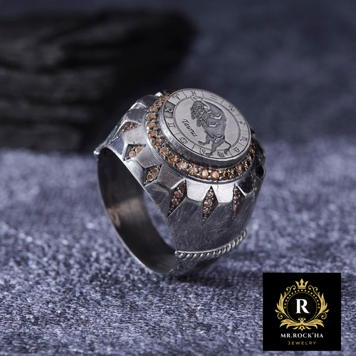 Seal of Taurus,Round Dome Shape,Brown Zircon Stone,925 Sterling Silver Men Ring - Picture 2 of 9