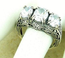 ART DECO DESIGN 3 THREE-STONE 925 STERLING SILVER CLASSIC STYLE CZ RING 1164X