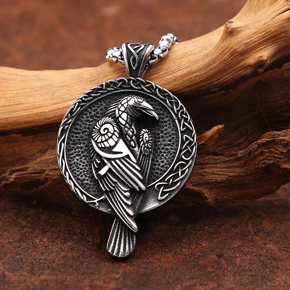 Nordic Mythology Pendant Necklace Stainless Steel Odin Raven Viking Men Women