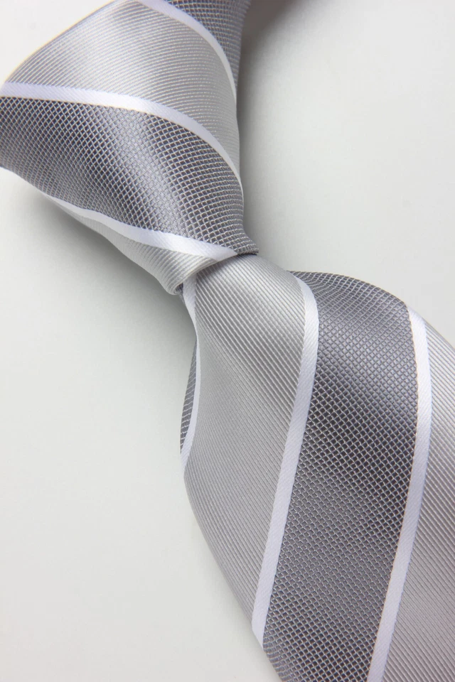 Nueva Corbata Clásica Rayas Gris Blanco JACQUARD TEJIDA 100% Seda Para Hombre Foto 2 de 4