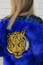 Embroidered Electric Blue Faux Fur Tiger Head Jacket | Party Pride Handmade