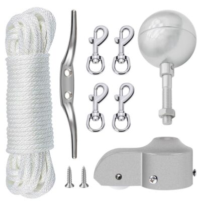 Flagpole Hardware Repair Parts Kit,50 Feet Halyard Rope+3'' Silver Ball+6'' Zin...
