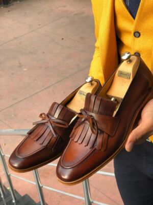 Handmade men brown fringes dress moccasin, formal office dress shoes for mens