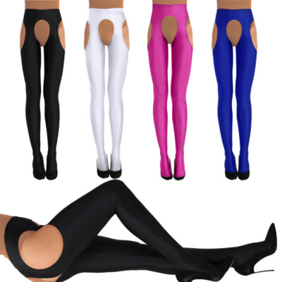 Womens Hot Lingerie Open Crotch Long Stockings Shiny Suspender Pantyhose Tights