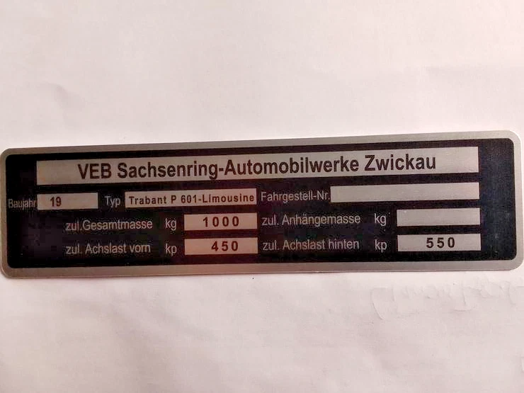Typenschild ID-Plate Schild IFA VEB Sachsenring trabant  P601 Limousine  bj - Bild 1 von 1