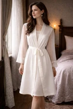 Linea Donatella Robe Chemise L White Satin Lace Trim Polka Dot Slip Romantic Set