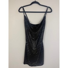 Boohoo Womens Cowl Neck Sequin Spaghetti Strap Sparkle Black Mini Dress US 10