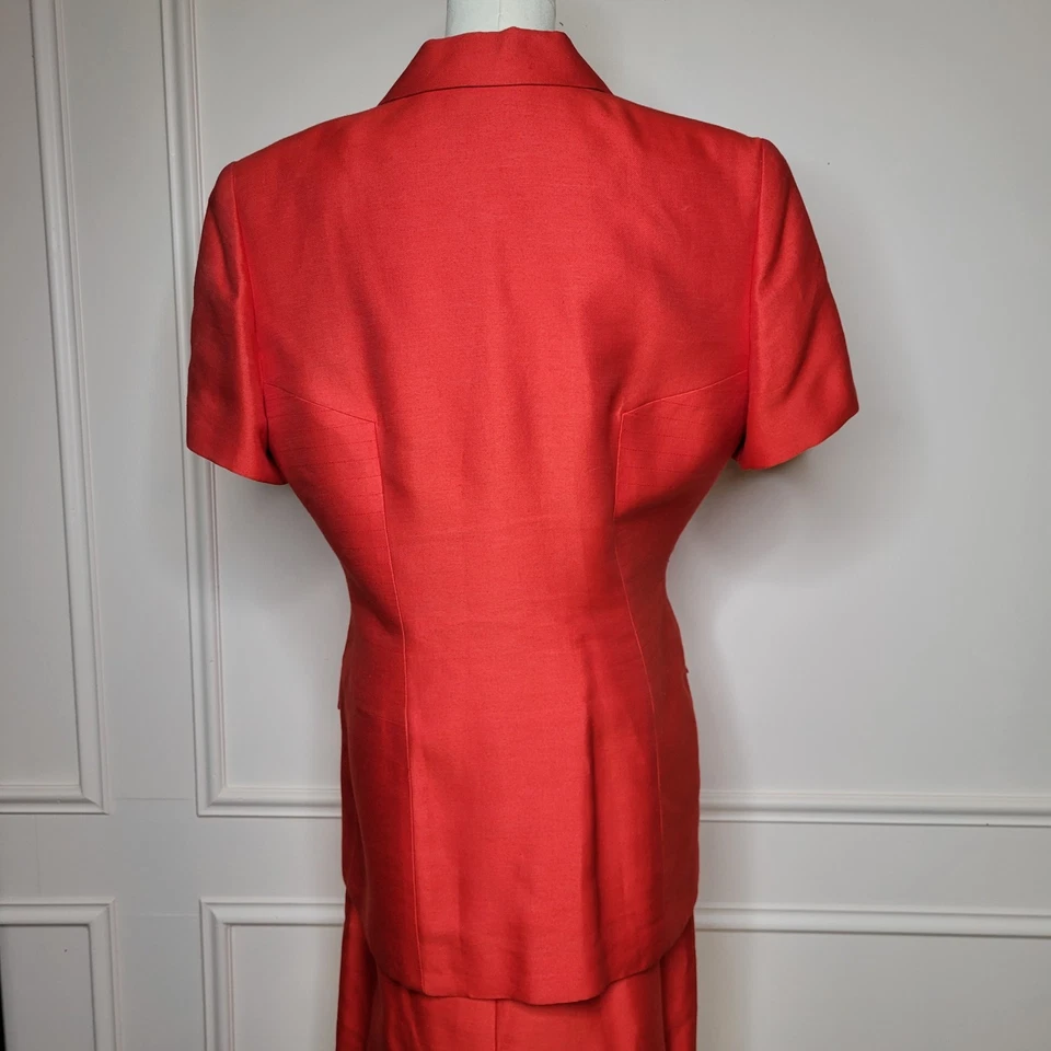 Traje Christian Dior Vintage Talla 14 Falda Manga Corta Chaqueta Rojo Algodón Seda Foto 4 de 4