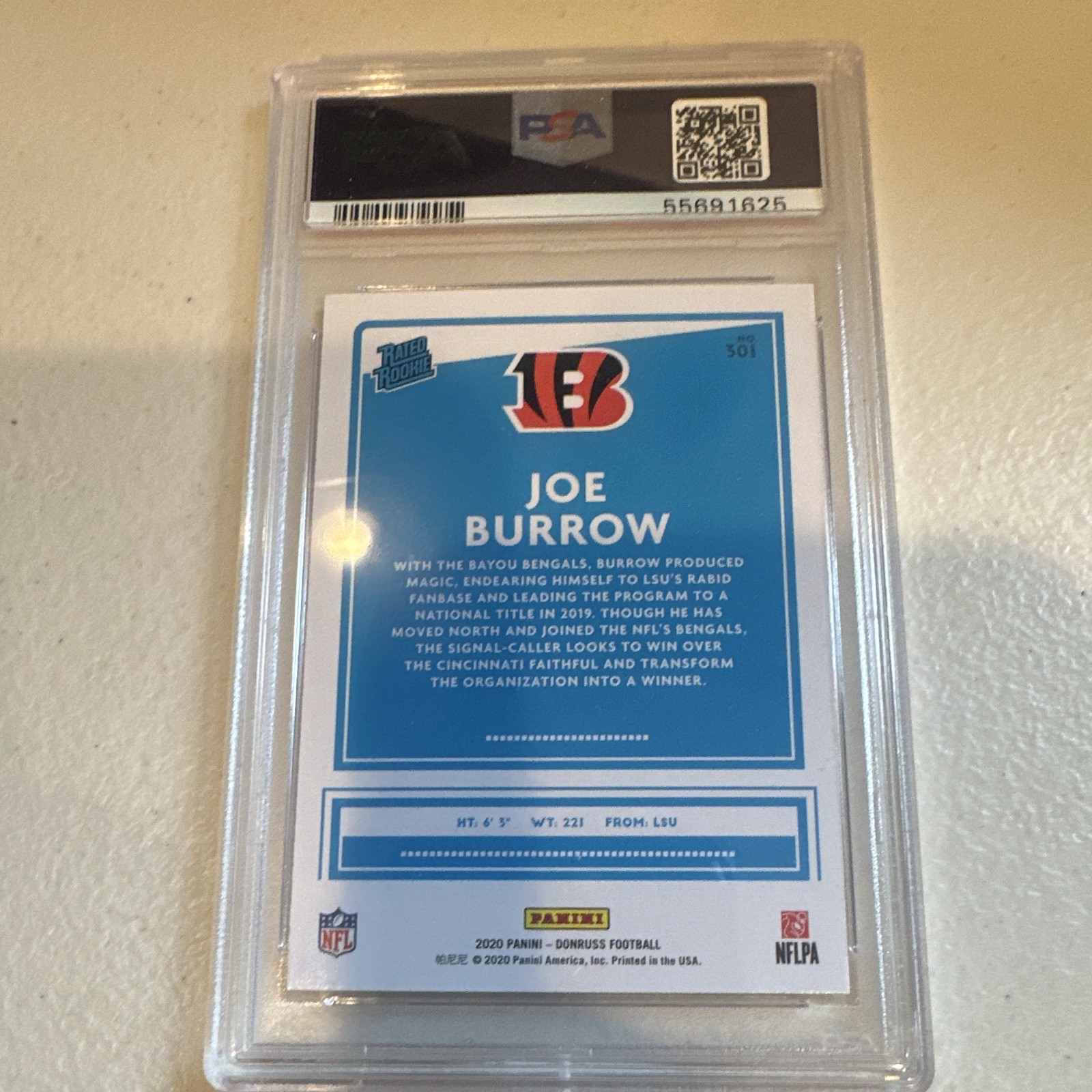 Panini 2020 Donruss Joe Burrow Rated Rookie RC #301 Bengals PSA 9 view 3