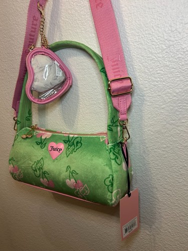 NEW! NWT JUICY COUTURE Velour Retro Cherry Juicy Shoulder Bag Green/Pink Multi