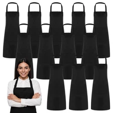 12 Pack Black Apron for Chef, Unisex Black Kitchen Aprons with Pockets for Me...