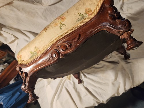 antique 1860s carved walnut foot stool . flowers carved .