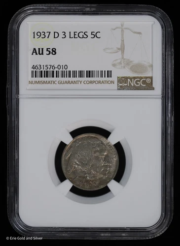 1937-D 5c 3 Legs Buffalo Nickel NGC AU 58