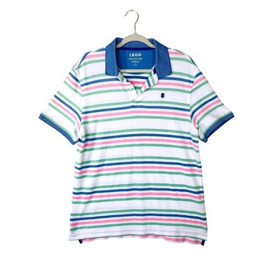 IZOD Advantage Performance Polo Shirt Mens Large Pink Green Blue Striped Stretch