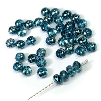 Czech Faceted Glass Doughnut Fire Polished Beads 6x8mm Crystal Silver Capri 40pc