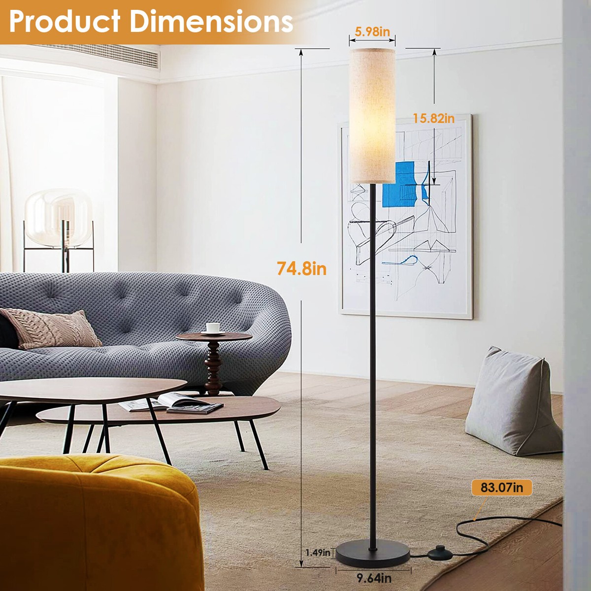 75inch Floor Lamp with Shade for Bedroom Modern Standing Lamp