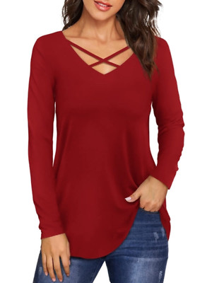 Womens Casual Long Sleeve Loose Fit Criss Cross V Neck T-Shirt Top - Red (M)