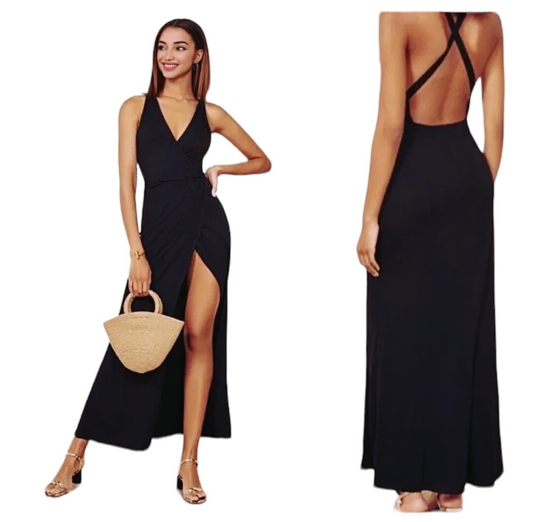 Reformation Black Vienna Maxi Dress Deep V Front Criss Cross Strap High