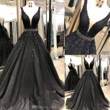 V Neck Black Gothic Wedding Dresses A Line Beaded Waist Lace Tulle Bridal Dress