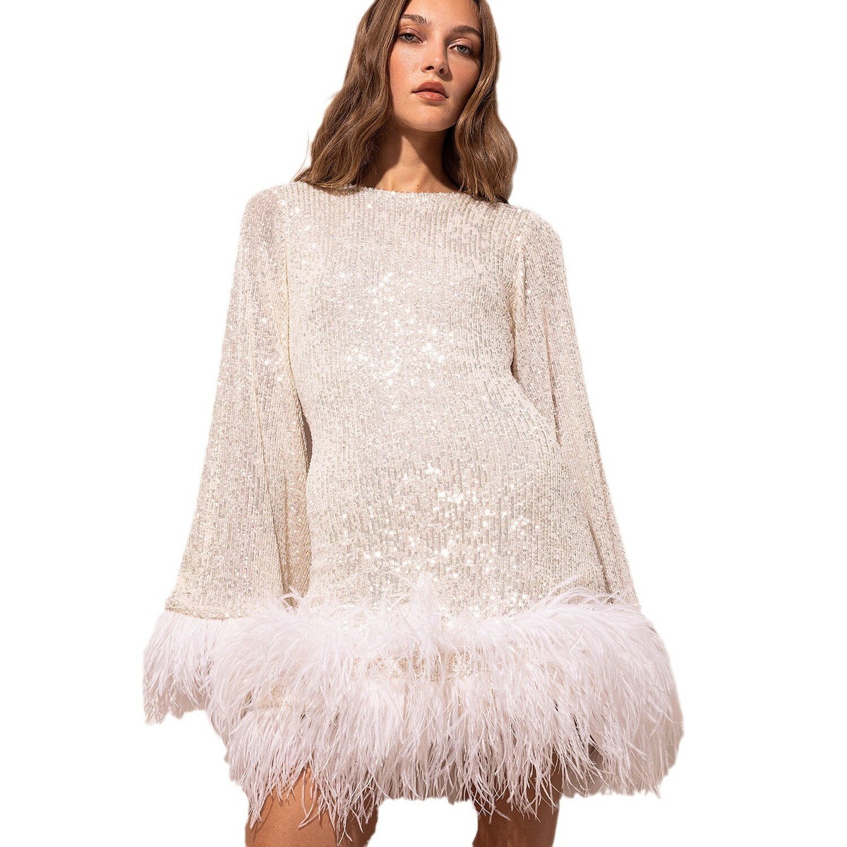 knee length dresses for ladies Elegant Pink Sequin and Feather Evening Dress