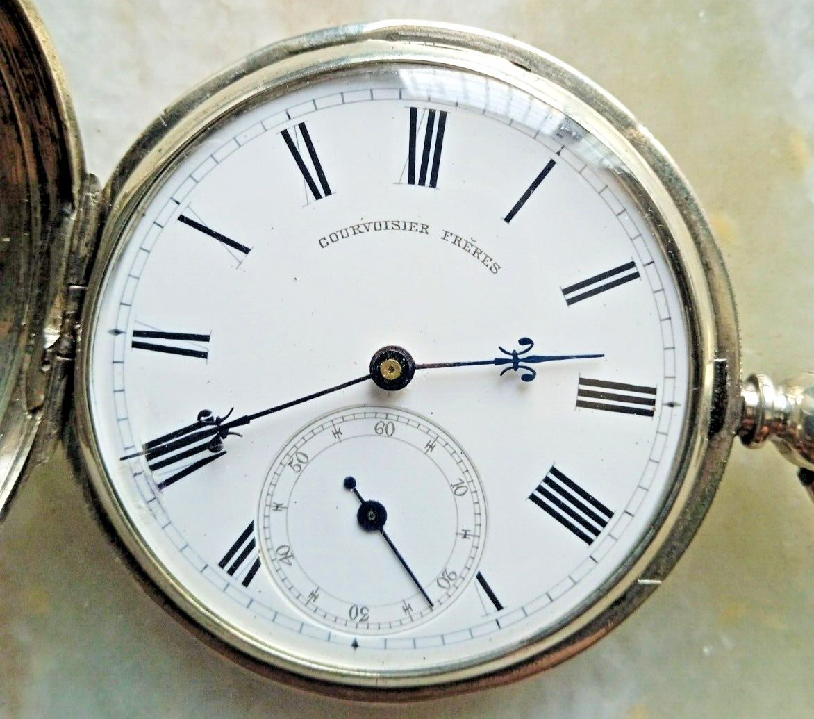 HUNTER COURVOISIER FRERES SILVER WINDING POCKET WATCH PORCELAIN