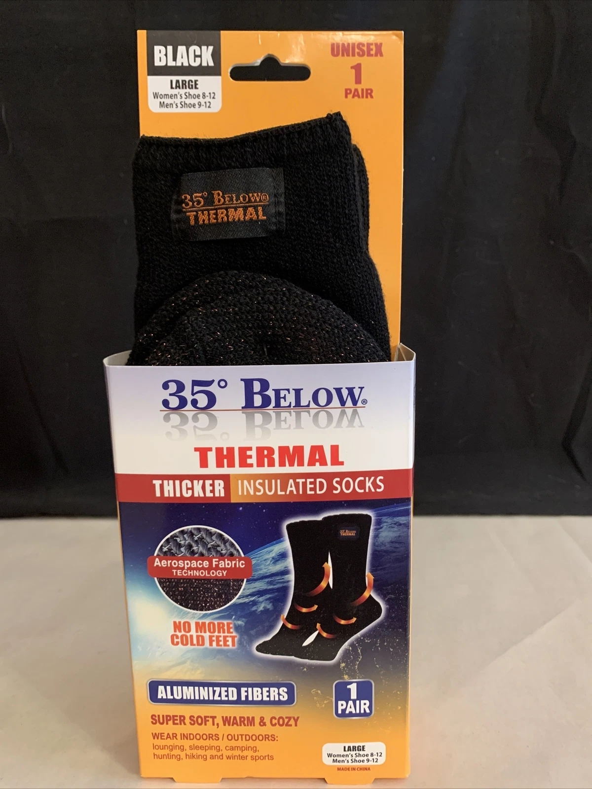 35° Below Thermal Socks Aluminized Fibers Acrylic Warming 1 Pair Black Large