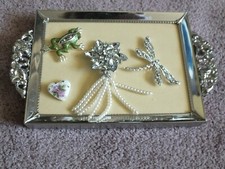 Collectible Beautiful Handmade Decorated Tray Silver Tone Jewelry Glued 7.5x4.5"