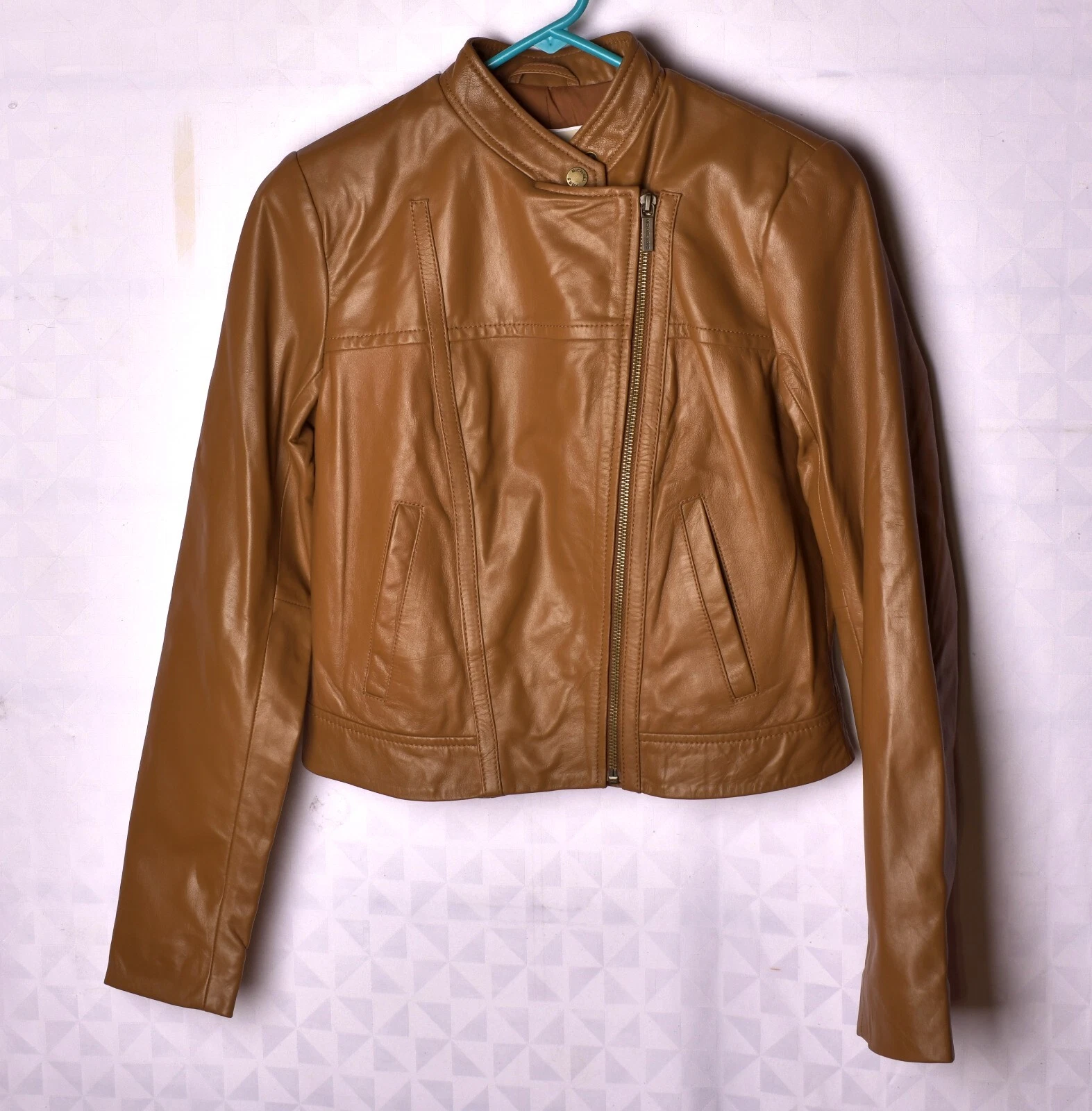 Giacca cappotto moto Michael Kors donna marrone con cerniera in vera pelle $250 taglia XS