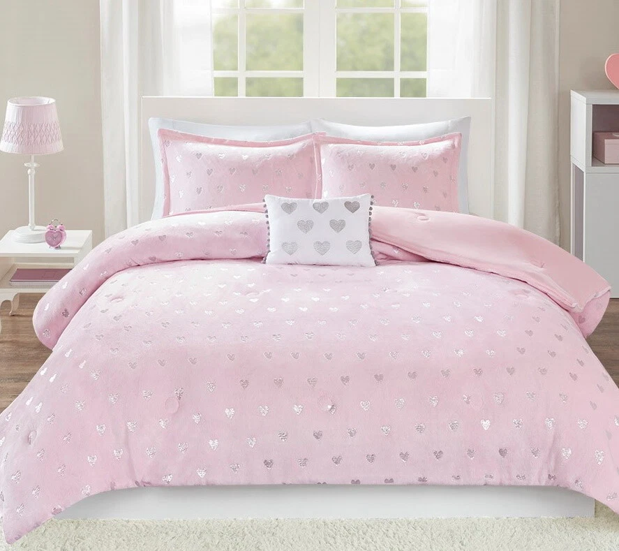 PINK METALLIC HEARTS PLUSH COMFORTER SET Twin or Full Queen GIRLS