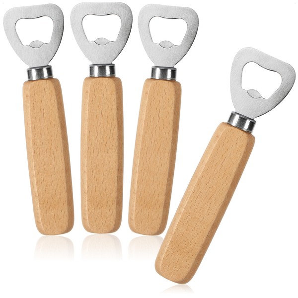 4X FlaschenöFfner Aus Rostfreiem Edelstahl - Mit Ergonomischem Buchenholz-Griff-image