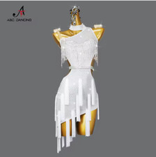 White Latin Dance Dress Fringe Rhinestone Costume Salsa Bachata Rhythm Women  s L