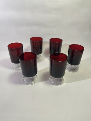 Vintage Rubinrot Luminarc Arcoroc France Fußgläser 6er Set mit klaren Stielen