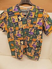 Halloween Scrubs Short Sleeves  Pumpkin Witch Fall Art Smock Small