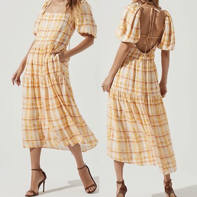 New ASTR Plaid Puff Sleeve Tie Open Back Tiered Midi Dress Orange Yellow  Small | eBay