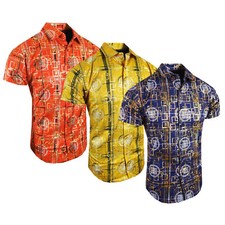 Mens Short Sleeve Shirt Italian Print Floral Shiny Foil Stretch Slim Fit Button