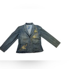 Joujou Distressed Denim Butterfly Embroidered Jacket Butterfly Size M