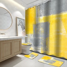4Pcs Bathroom Shower Curtain Sets with Rugs,Yellow and Grey Painting Art Bath...