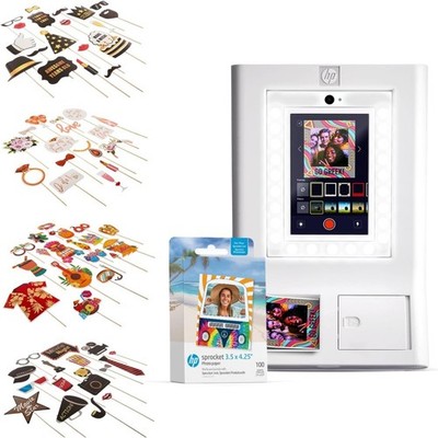 HP Sprocket Photo Booth Printer Bundle, 100 Zink Paper & 93pc Props - White