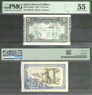 Spain (Banco de Bilbao) P S561a 5 Pesetas 1937 PMG 55 AUNC