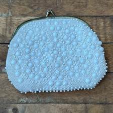 Vintage Beaded Clutch 6" White Beads Gold Metal Kiss Lock Evening Bag