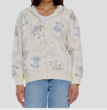 New Disney Stitch Embroidered Jacket Hoodie Cream Full Zip NWT Womens Sz M Blue