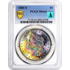 1880 s morgan silver dollar PCGS ms64 RAINBOW TONED MONSTER VIDEO STACKS STICKER