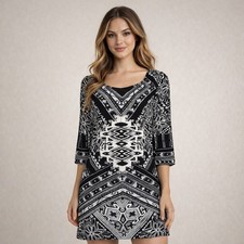 BeBop Dress Women's Size XS Black & White Geometric Print 3/4 Sleeve Mini