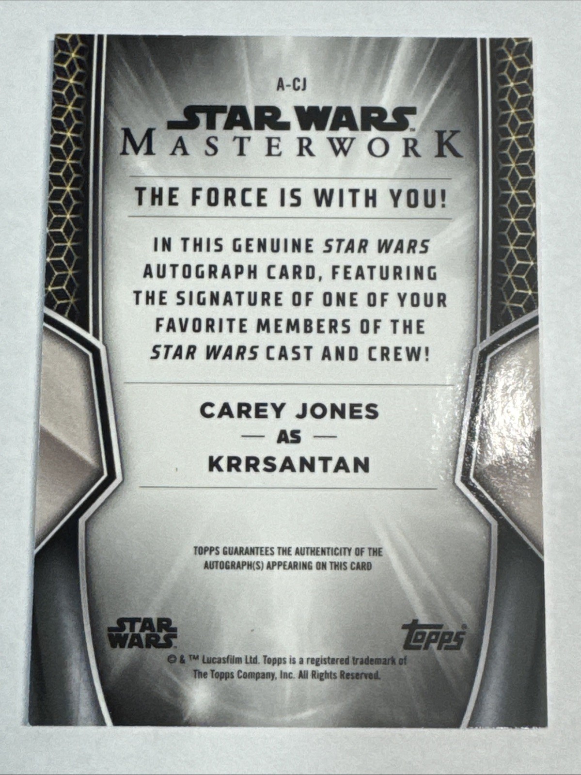 2025 Topps Star Wars Masterwork Krrsantan ON CARD Auto Carey Jones Card #A-CJ view 6