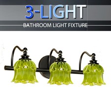3-Light Bathroom Vanity Light, Black Antique Wall Sconce Green Crystal Shade