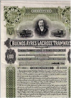 Buenos Ayres Lacroze Tramways Co. 1913 LB100 Debenture TOP nice uncancelled/