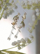 Multicolor Lily Of The Valley Dangle Earrings With Pearl And Green Leaves